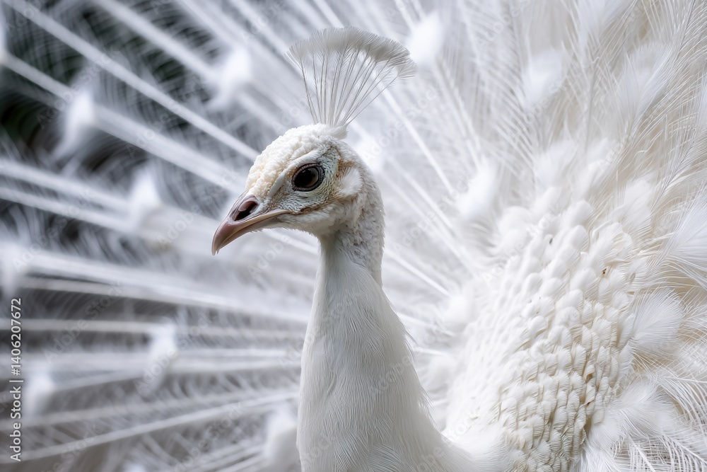A detailed close-up of a stunning white peacock showcasing its elegant feathers. A detailed close-up of a stunning white peacock showcasing its elegant feathers.