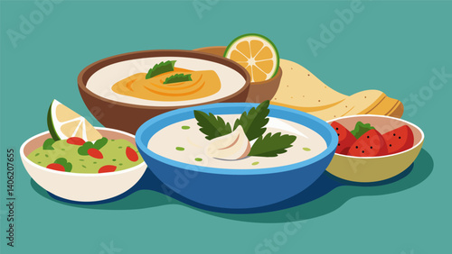 A medley of Mediterraneaninspired dips such as hummus tzatziki and baba ganoush paired with warm pita bread for dipping and sharing.. Vector illustration