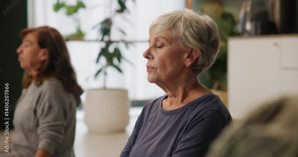 Senior woman, group and yoga class with breathing, peace and meditation for reflection in retirement. Elderly person, mindfulness and zen perspective with eyes closed for wellness in nursing home Senior woman, group and yoga class with breathing, peace and meditation for reflection in retirement. Elderly person, mindfulness and zen perspective with eyes closed for wellness in nursing home