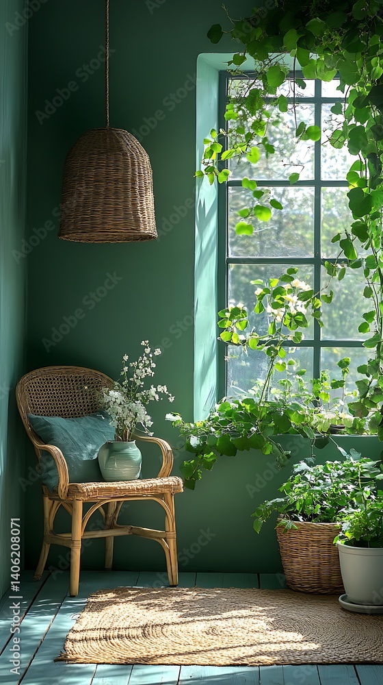 Green Interior with Natural Light, Wicker Furniture, and Plants Creating a Calm and Relaxing Atmosphere.