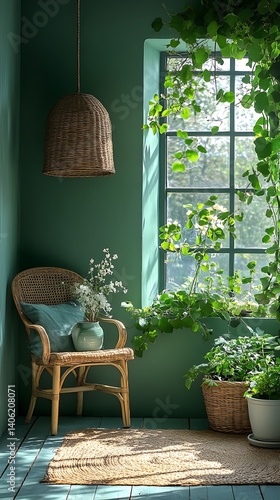 Obraz na płótnie Green Interior with Natural Light, Wicker Furniture, and Plants Creating a Calm and Relaxing Atmosphere. w salonie