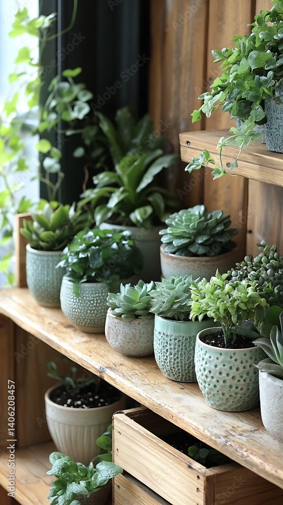 Green Potted Plants Displayed on Rustic Wooden Shelves, Adding a Touch of Nature and Calm to Any Home Decor.