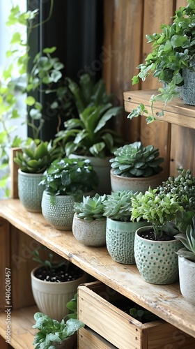 Obraz na płótnie Green Potted Plants Displayed on Rustic Wooden Shelves, Adding a Touch of Nature and Calm to Any Home Decor. w salonie