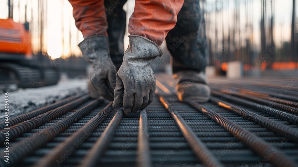 Construction worker securing rebar at a building site. Featuring structural reinforcement and construction work Construction worker securing rebar at a building site. Featuring structural reinforcement and construction work