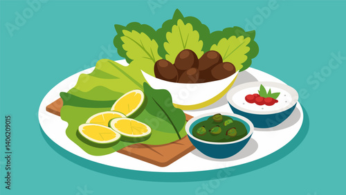 A mouthwatering arrangement of Mediterraneanstyle tapas including savory stuffed g leaves creamy feta dip and warm flatbread.. Vector illustration