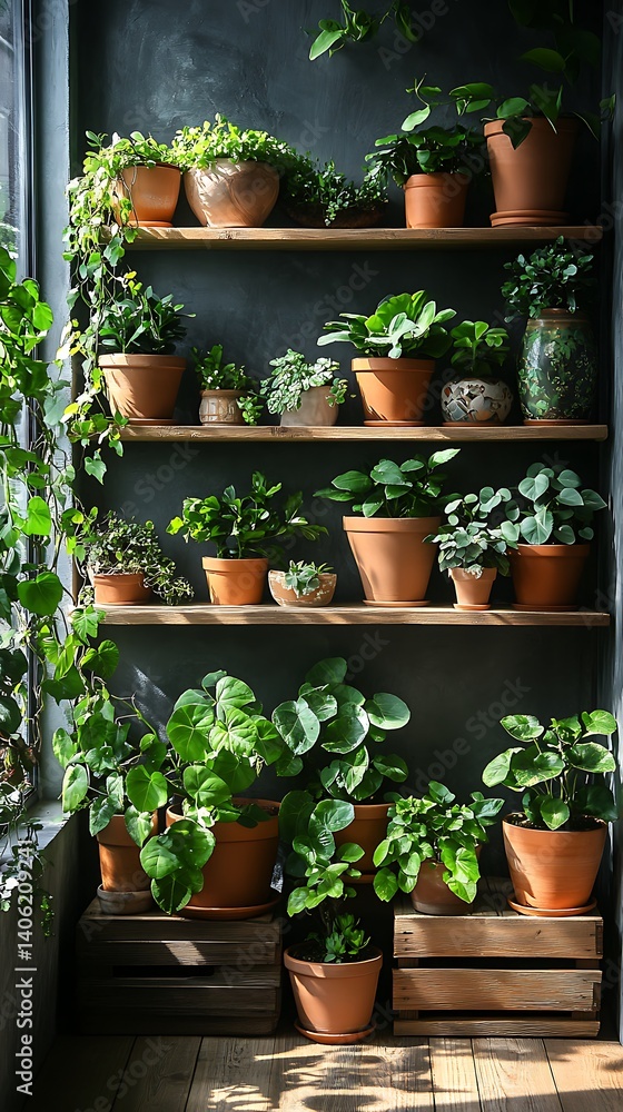 Indoor Garden Oasis: Shelves Filled with Potted Plants, Green Leaves, and Natural Light Creating a Serene Botanical Space.