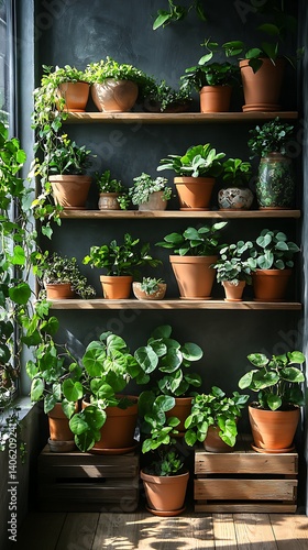 Obraz na płótnie Indoor Garden Oasis: Shelves Filled with Potted Plants, Green Leaves, and Natural Light Creating a Serene Botanical Space. w salonie