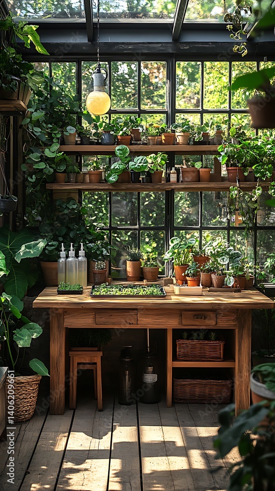 Indoor Gardening Haven: Lush Greenhouse Interior with Wooden Furniture and Potted Plants Under Natural Light.