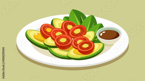 A mix of avocado slices and cherry tomatoes drizzled with balsamic vinegar and olive oil.. Vector illustration