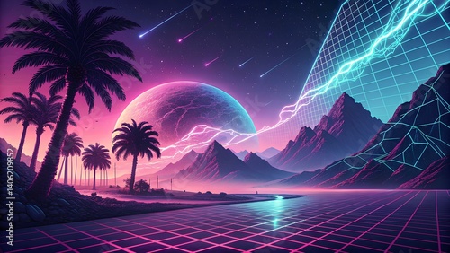 Retro Abstract Vaporwave Background with Neon Gradients and 80s Synthwave Grid