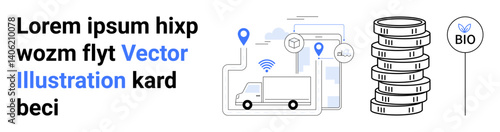 Logistics truck with GPS pins, mobile app, tech elements, stack of coins, and eco-label. Ideal for sustainability, technology, logistics, finance connectivity innovation simple landing page