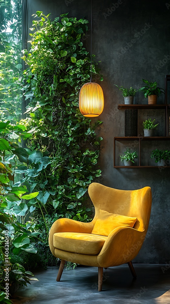 Indoor Relaxation: Modern Yellow Armchair Oasis with Natural Greenery and Stylish Lighting Creates a Peaceful, Inviting Space.