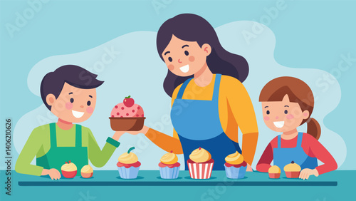 A mother and her children bond over mixing and decorating cupcakes together in an interactive cooking and snacking class.. Vector illustration