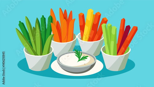 A colorful array of fresh vegetable sticks paired with creamy hummus and tangy tzatziki dips for a light and refreshing meal.. Vector illustration