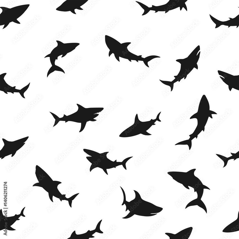 Fototapeta premium Seamless pattern featuring black shark silhouettes in dynamic poses