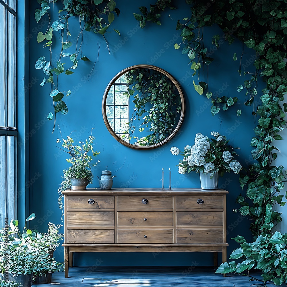 Inviting interior featuring natural light, lush greenery, a wooden dresser, decorative items, and a calming color palette.