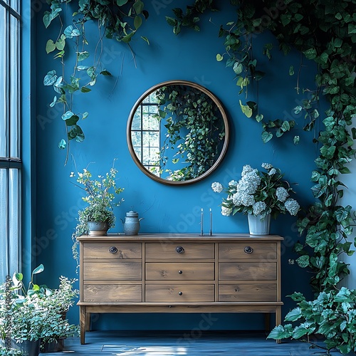 Obraz na płótnie Inviting interior featuring natural light, lush greenery, a wooden dresser, decorative items, and a calming color palette. w salonie