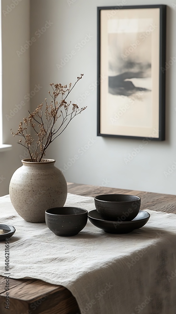 Minimalist dining arrangement featuring ceramic bowls, a textured vase with dried branches, and artwork in a simple, peaceful setting.