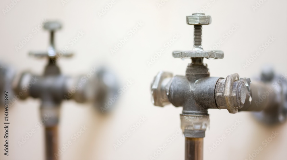 Close-up view of household water supply system, distribution of water supply to residential area, valves blocking access to water pipes Close-up view of household water supply system, distribution of water supply to residential area, valves blocking access to water pipes