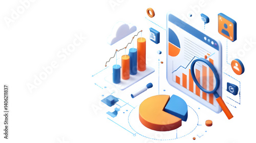 3D illustration of data analysis with laptop, pie charts, bar graphs, and business analytics elements in blue and orange