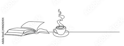 Opened book and cup of coffee in one continuous line drawing. Writing in diary and knowledge library concept in simple linear style. Editable stroke. Doodle vector illustration