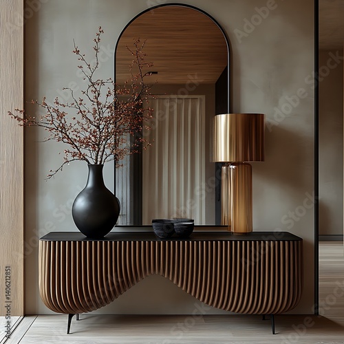 Obraz na płótnie Minimalist Interior Decor with Wooden Console, Black Vase, Lamp, Arch Mirror, and Neutral Wall, creating a peaceful and elegant space. w salonie