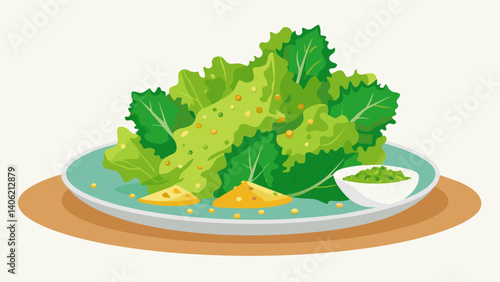 A platter of crisp homemade kale chips seasoned with sea salt and olive oil a guiltfree alternative to traditional potato chips.. Vector illustration