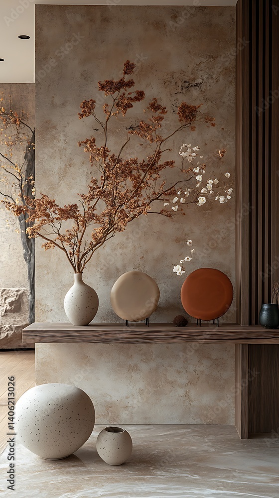 Minimalist Interior Design: Earthy Tones, Textured Walls, Sculptural Vases, and Floral Arrangement for a Natural Aesthetic.