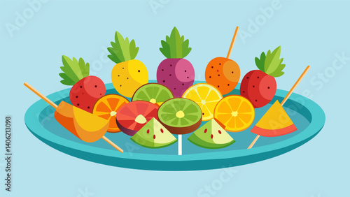 A platter of mixed fruit skewers featuring a variety of tropical fruits to transport you to paradise.. Vector illustration