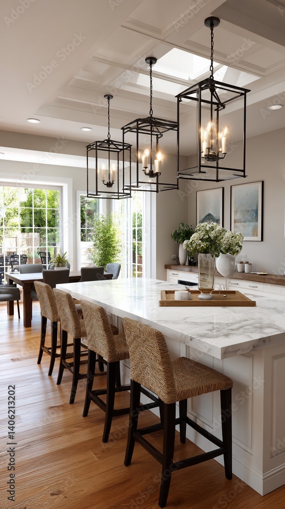 Obraz premium Bright kitchen with island, pendant lights, and hardwood floors
