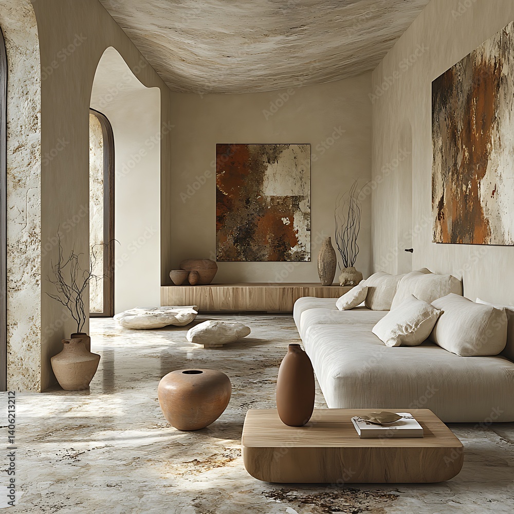 Minimalist interior design with abstract art, neutral color palette, comfortable sofa, and unique architectural details creating peaceful ambience.