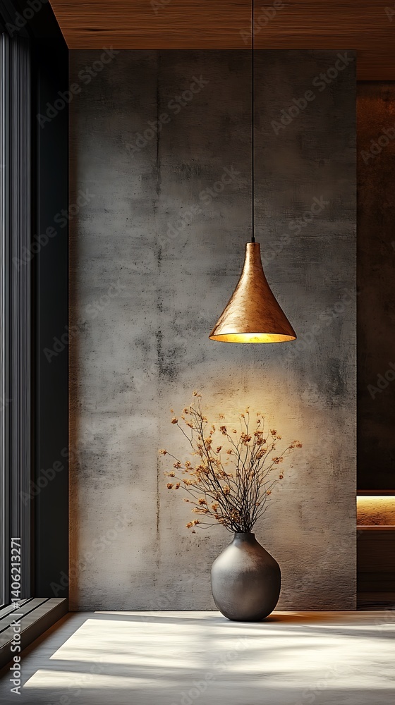 Minimalist Interior Decor: Textured Wall, Hanging Light Fixture, and Elegant Vase with Dried Floral Arrangement.