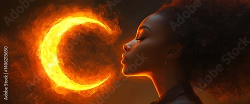 Fiery Crescent Moon Embrace Woman  Flame.