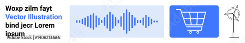 Audio wave, shopping cart, and wind turbine representing technology, e-commerce, renewable energy, and innovation. Ideal for tech visuals, e-learning, apps ads environment business blogs simple