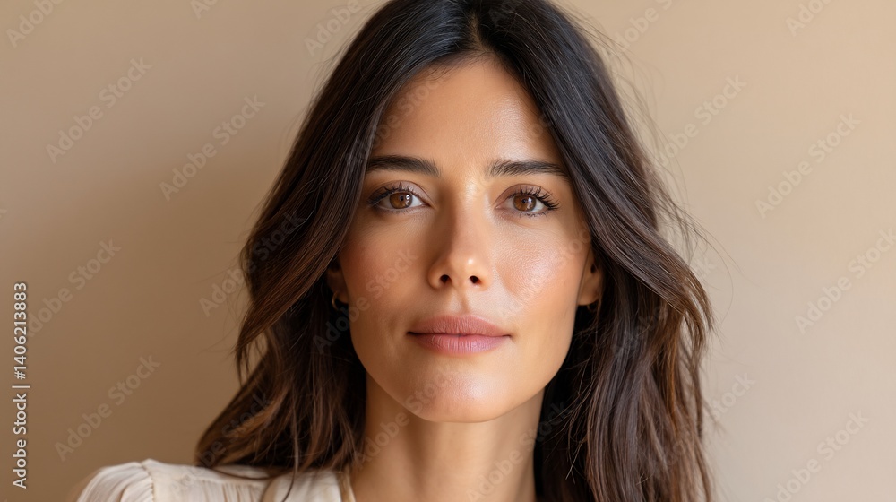 Close-up portrait of a woman with long brown hair and neutral makeup Close-up portrait of a woman with long brown hair and neutral makeup