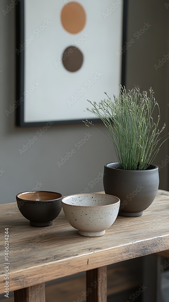Minimalist Still Life: Rustic Wooden Table with Ceramic Bowls, Plant in Pot, and Abstract Art Backdrop.