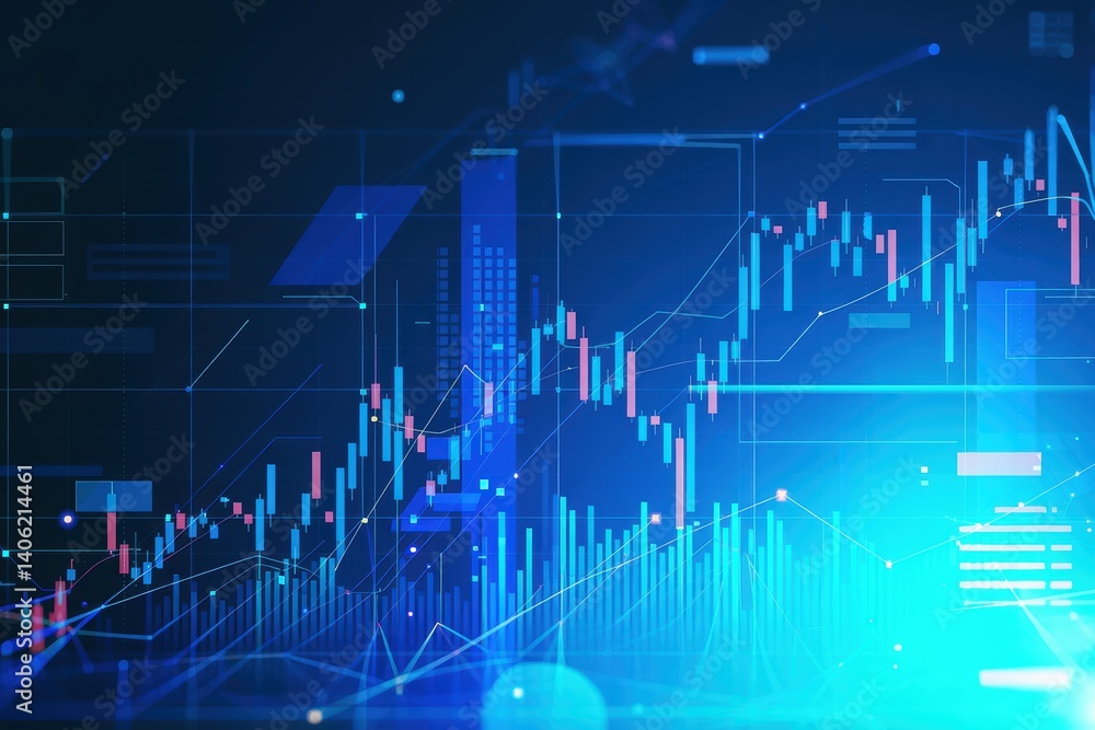 Naklejka premium Abstract digital financial graph with glowing blue and teal hues.