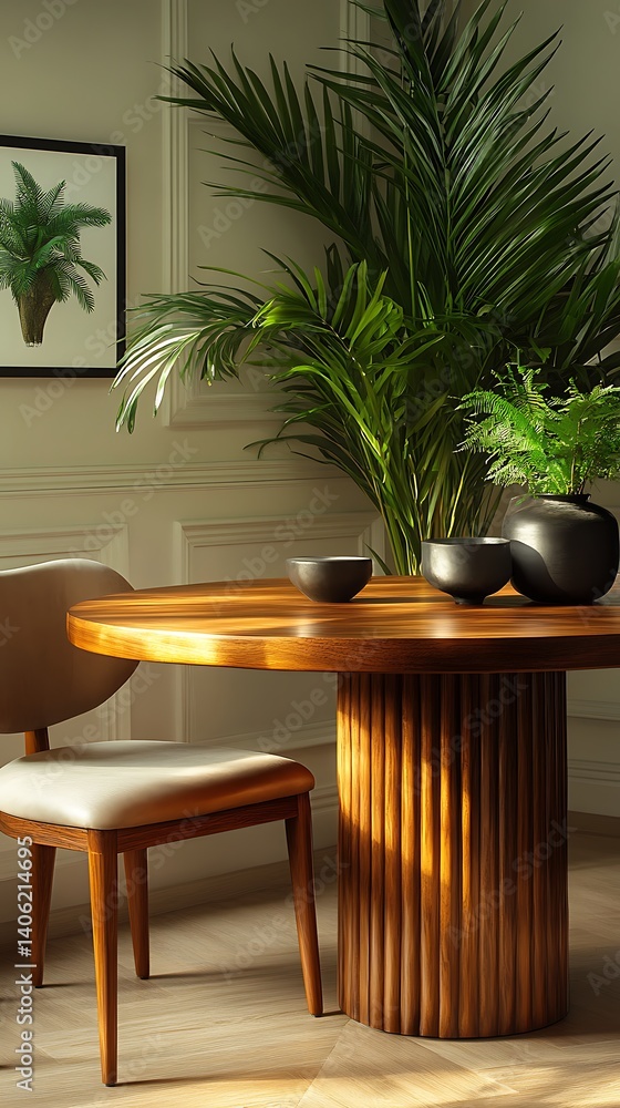 Modern Dining Room with Wooden Table, Chair, Plants, and Neutral Color Palette for Interior Design Inspiration.