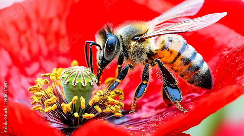 Bee pollinating red poppy flower, close-up, nature background, ecological image