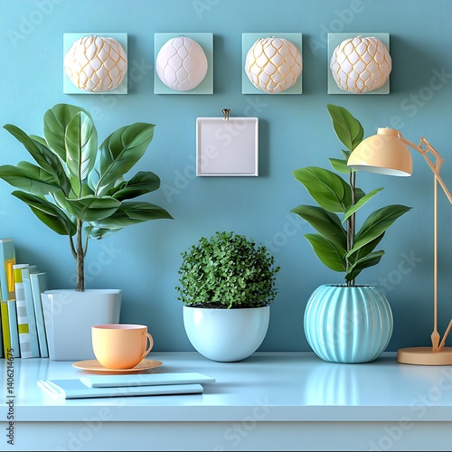 Modern Home Decor: Plants, Artwork, Lamp, and Books on Desk Against a Blue Wall, Cozy Interior Design