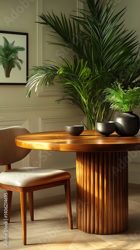 Obraz na płótnie Modern Dining Room with Wooden Table, Chair, Plants, and Neutral Color Palette for Interior Design Inspiration. w salonie