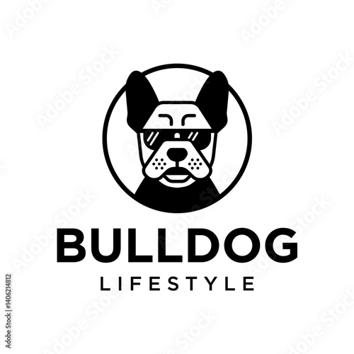 Bulldog Logo. Cartoon Mascot with Sunglasses in Black and White for Pet Brand, Vet, or Dog Store