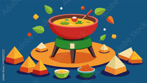 A game night with friends featuring a retrostyle fondue pot holding zesty nacho cheese surrounded by crispy tortilla chips jalapeno slices and diced. Vector illustration