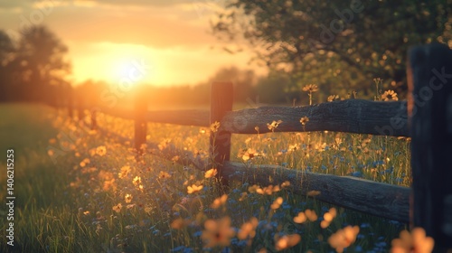 The peaceful farm wooden fence under the sunset