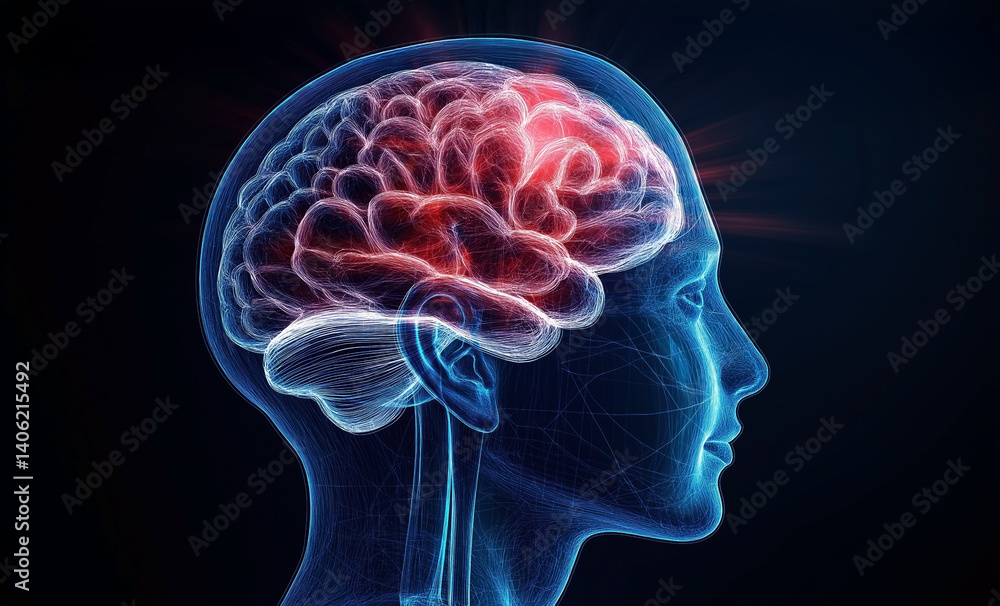 Human brain illustration showcasing neural activity and cognitive functions in a side profile view, representing the concept of brain health and neuroscience Human brain illustration showcasing neural activity and cognitive functions in a side profile view, representing the concept of brain health and neuroscience