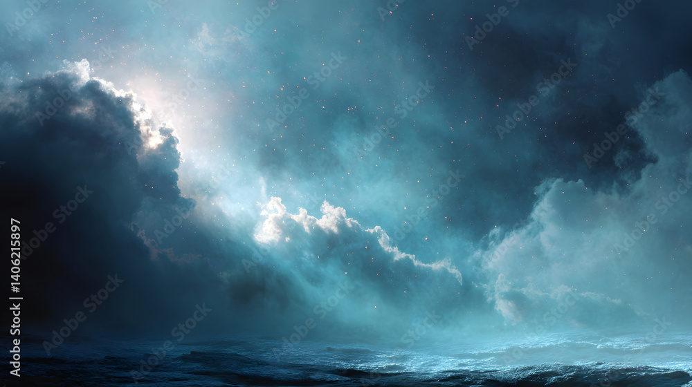 Obraz premium A breathtaking view of a sea under a dramatic cloudy sky with sun shining through.