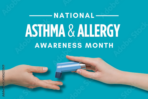 Asthma and Allergy awareness month, Hands pass an inhaler, highlighting asthma and allergy awareness against a bright blue backdrop