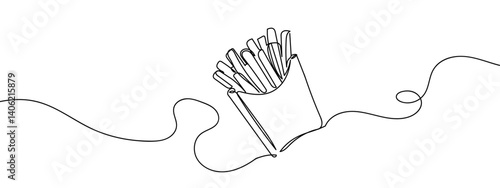 Fast food, French fries, continuous line vector illustration with background editable stroke.