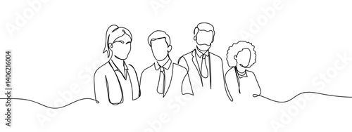 Group of people, people working, business service concept, continuous line vector illustration with background editable stroke.
