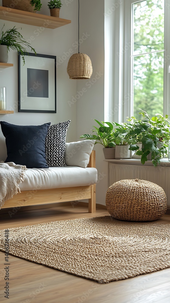Natural Light Interior: Modern Living Room with Wooden Furniture, Indoor Plants, and Woven Accents Creating a Cozy Atmosphere.